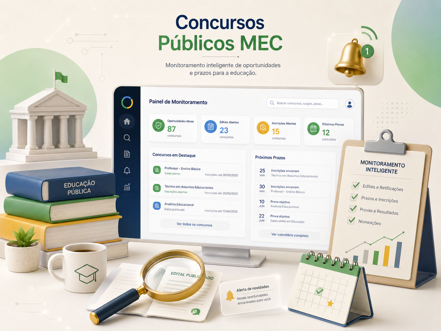 Monitoramento de concursos públicos e oportunidades vinculadas à educação